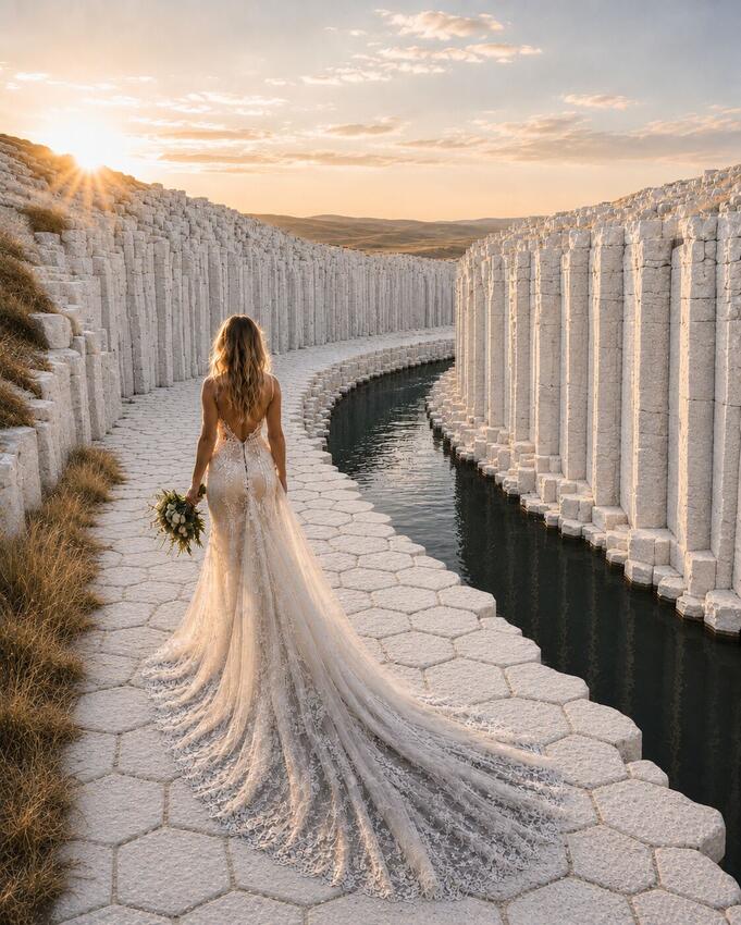 Concept rendering of Luna's Aerie — a bride on the hexagon-stone path through the white-column canyon at sunset