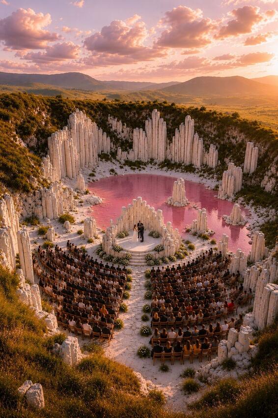 Concept rendering of Miracle Cathedral — a two-hundred-foot sunken amphitheater of white stone holding a wedding crowd