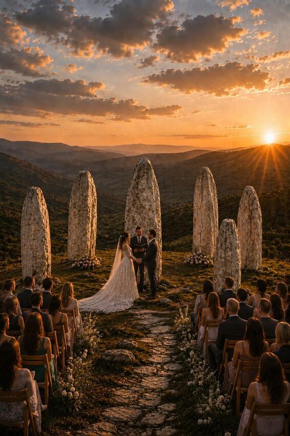 Concept rendering of Momo's Grange — an intimate hilltop circle of standing stones holding a small wedding at sunset