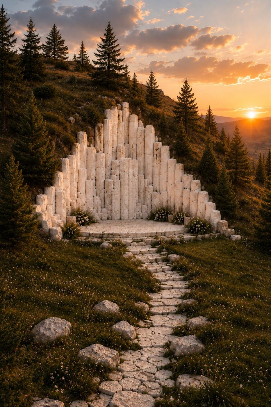 Concept rendering of The Artemis Altar — tiers of white alabaster stone rising in a semicircle above the round ceremony floor