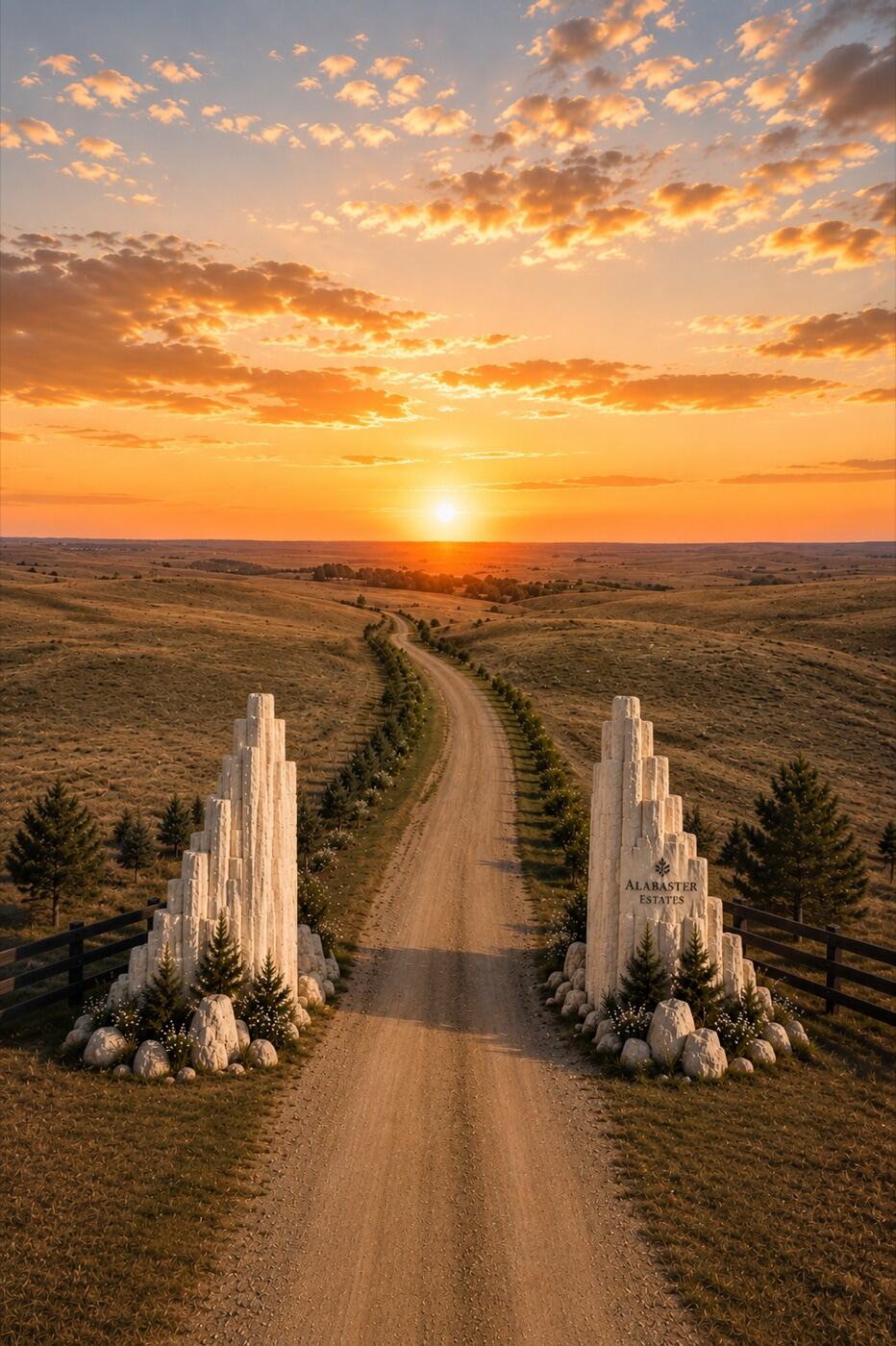 Artist's rendering of the entrance drive at sunset between the white stone gates