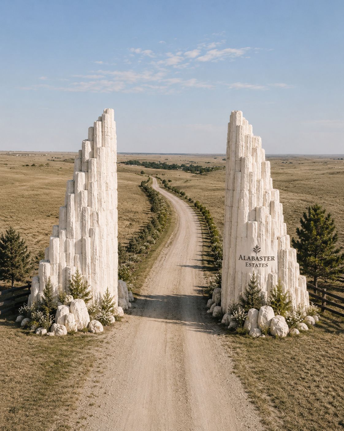 The entrance drive winding toward the altars