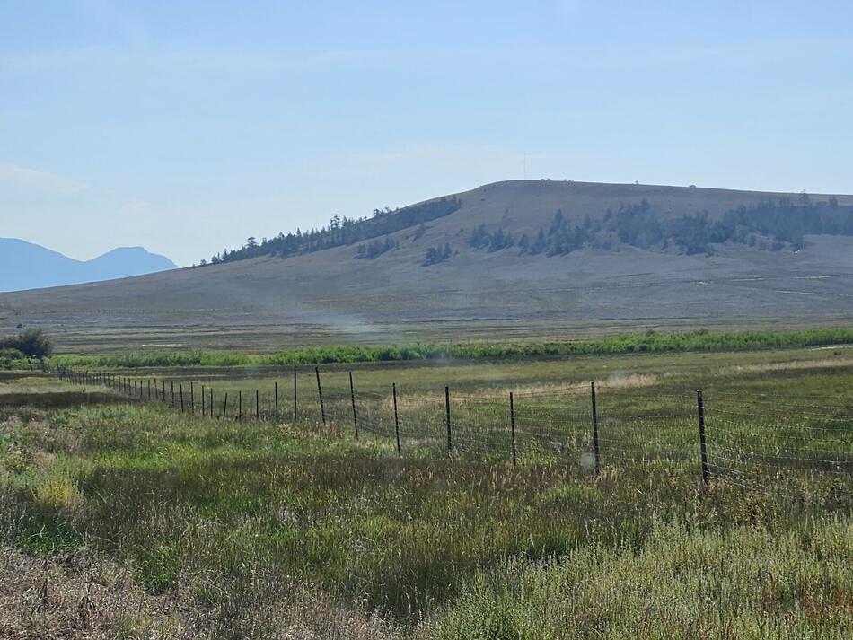 The prairie field with the round butte in the distance