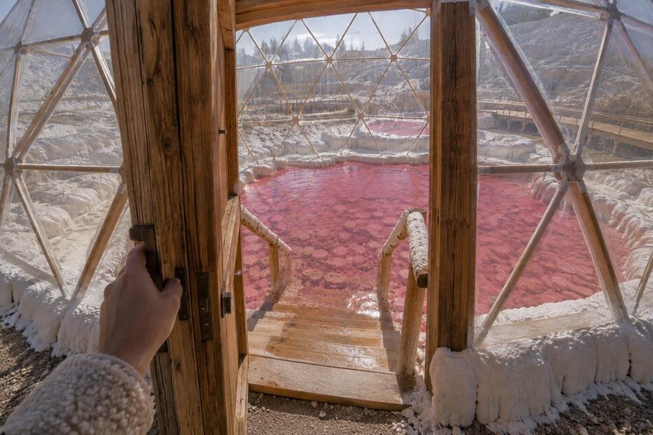 Rendering of the pink soaking pool framed by the wooden dome in winter