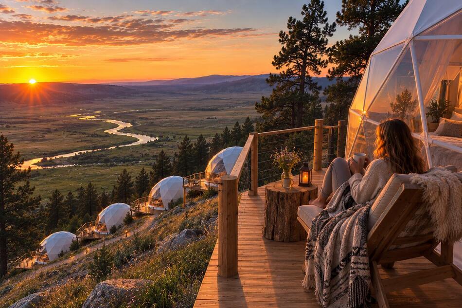 Rendering of a dome deck with the river valley view at sunset