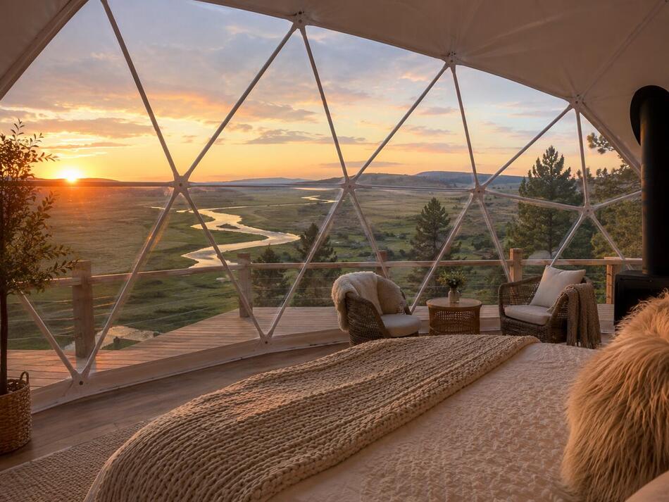 Rendering of a geodesic dome suite interior with valley view