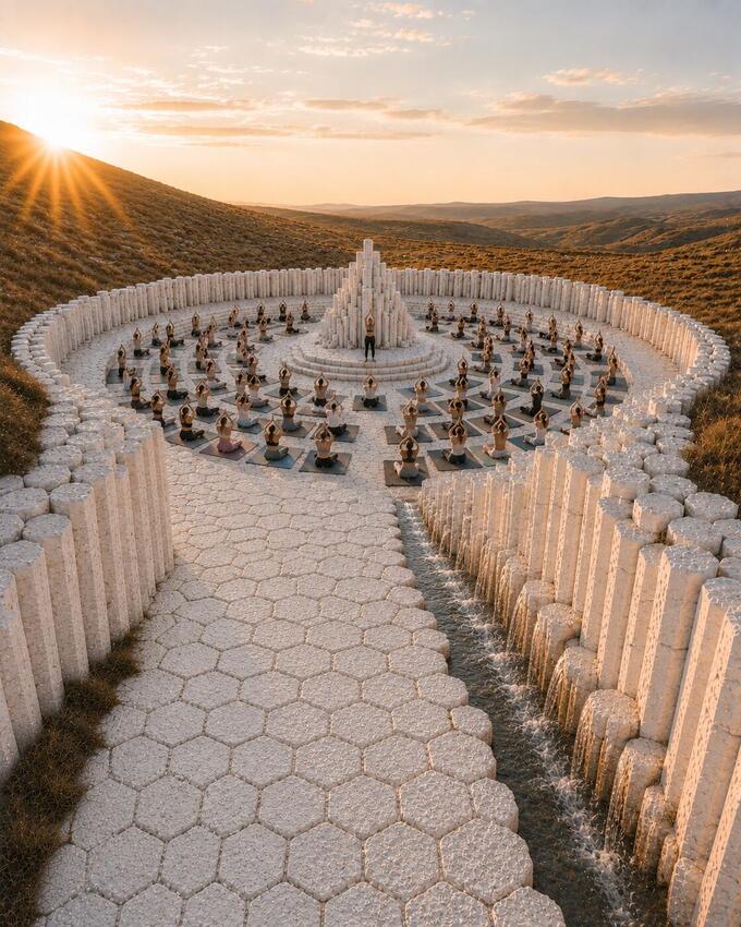 A hilltop ring amphitheatre with concentric stone seating at sunset