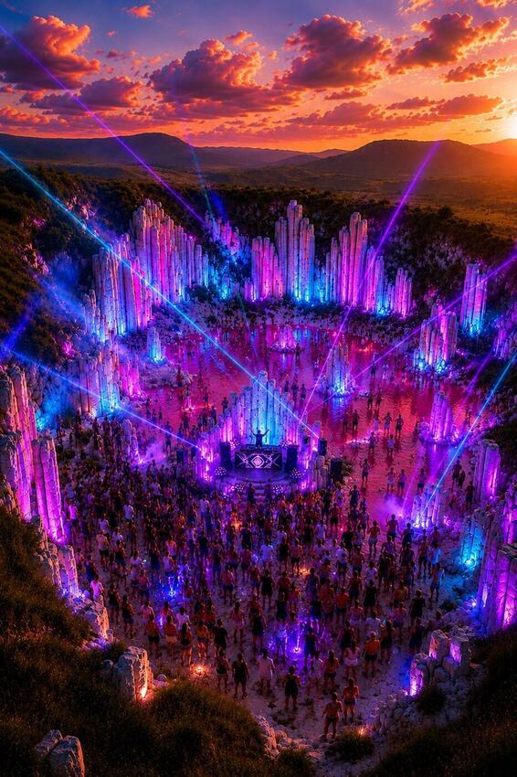 A crater amphitheatre of white stone lit by lasers at sunset with a DJ on stage