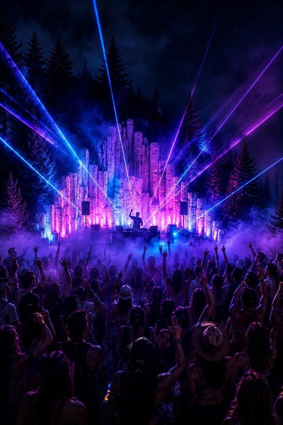Crystalline white towers under lasers at a night festival