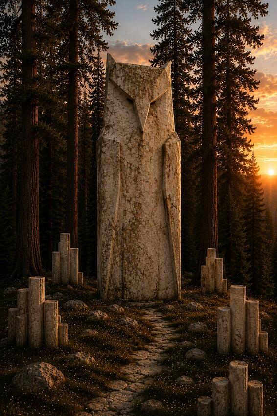 Dark monoliths of the Obsidian Grove among the pines at sunset
