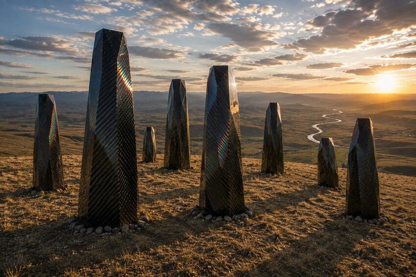 The black obelisks of the Obsidian Grove standing in the open field at sunset