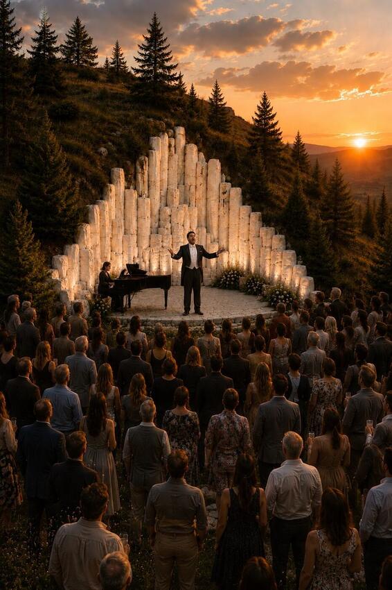 An opera singer with a grand piano performing before an audience among white stone