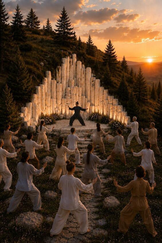 Group tai chi practice on the colonnade steps
