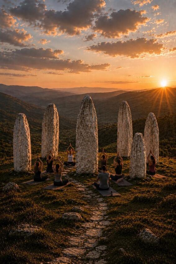 A group meditation inside the white standing-stone circle at golden hour