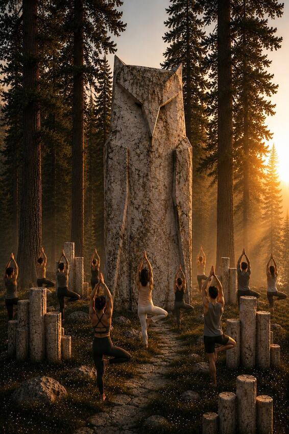 Yoga practice among white columns in the forest