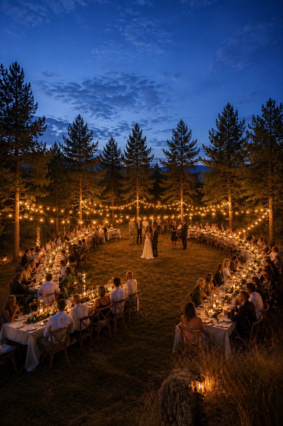 Artist's rendering — the feast ground ringed with string lights at blue hour as a couple shares a first dance