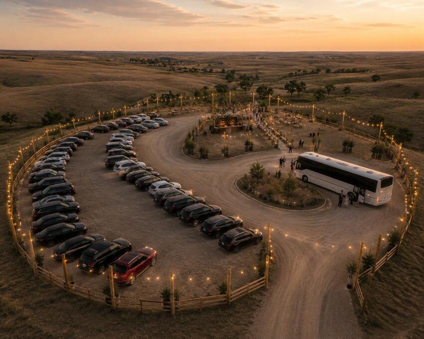 Aerial view of the parking and arrival area at dusk