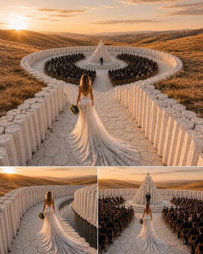 A bride on the hexagon-stone path to the hilltop ceremony ring at Luna's Aerie