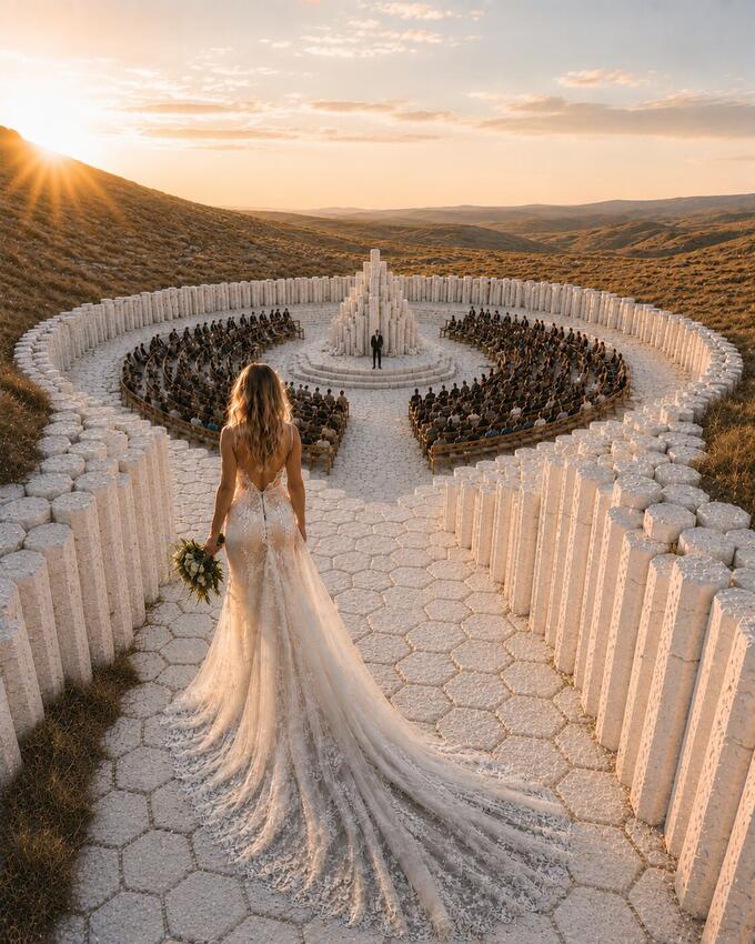 Aerial view of the hilltop wedding ring at Luna's Aerie at sunset