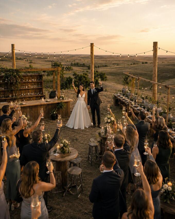 Hilltop reception toast at golden hour at Luna's Aerie