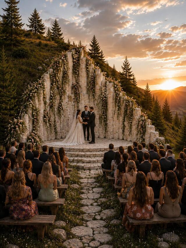 Wedding ceremony at The Artemis Altar with seated guests before the white stepped stone