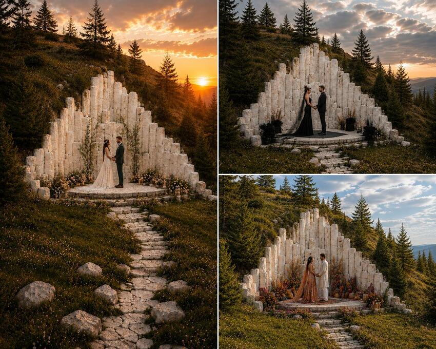 Collage of wedding scenes at The Artemis Altar