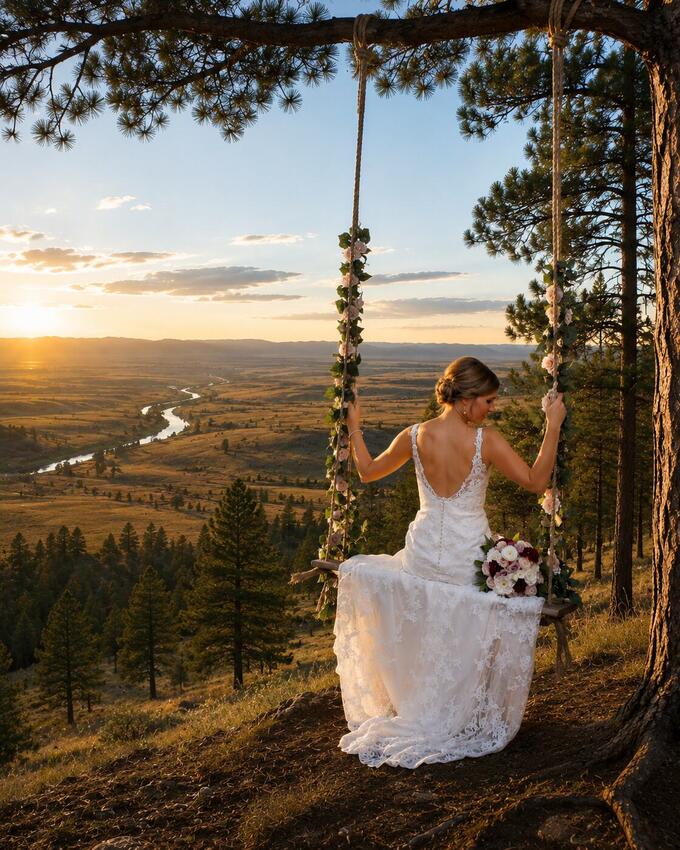 A bride by a lone pine overlooking the river valley at sunset