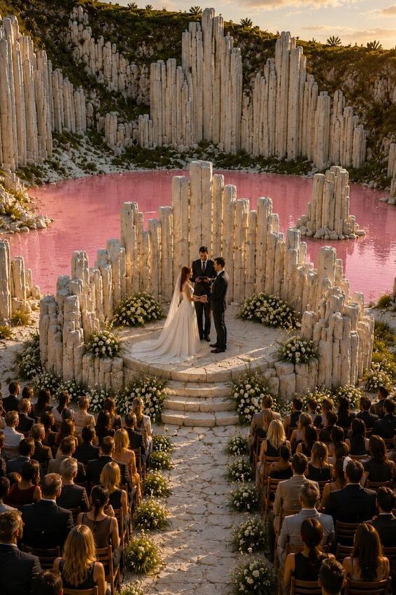 Wedding at the altar before the white stone columns of Miracle Cathedral