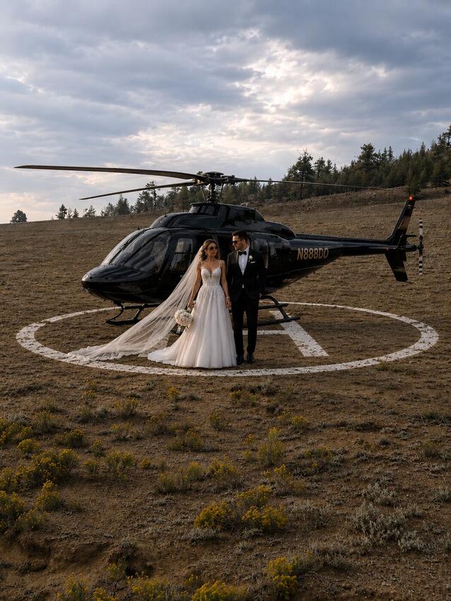 A wedding couple beside the helicopter on the prairie