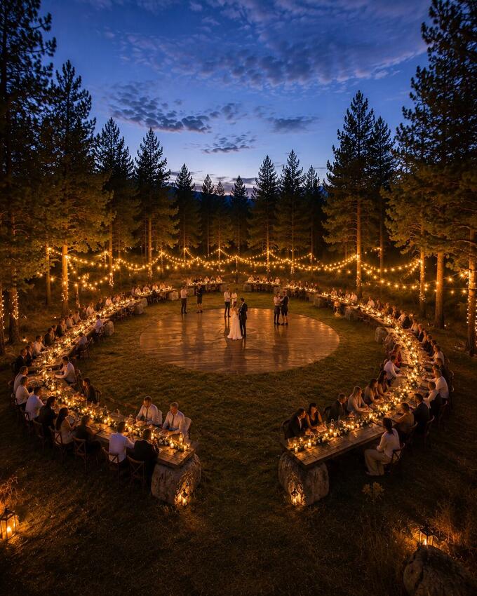 Circular string-light dinner at blue hour on the feast ground