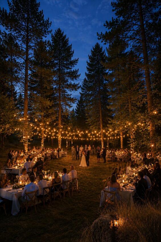 Forest dinner under string lights
