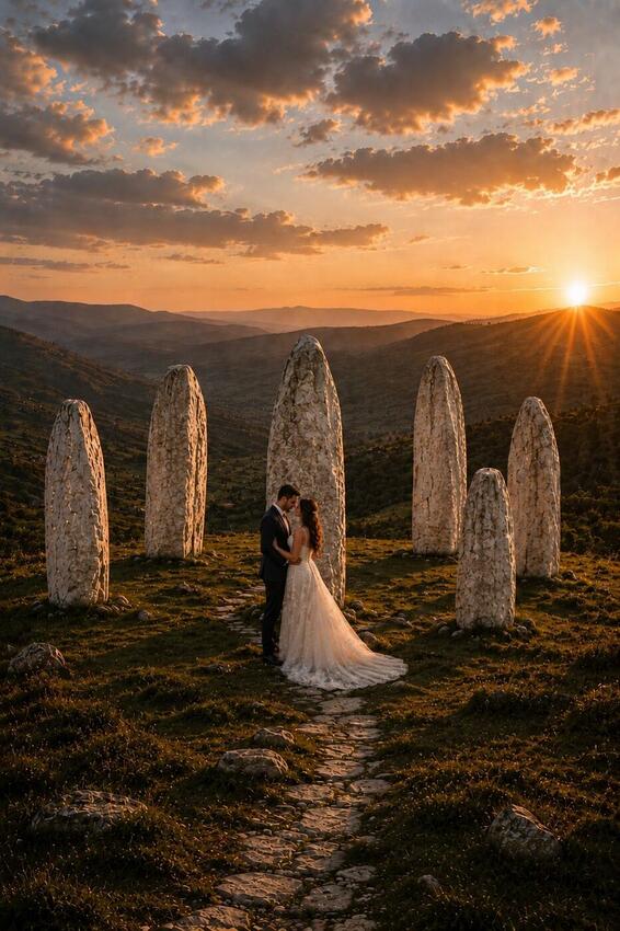 A couple alone in the standing-stone circle of Momo's Grange at sunset