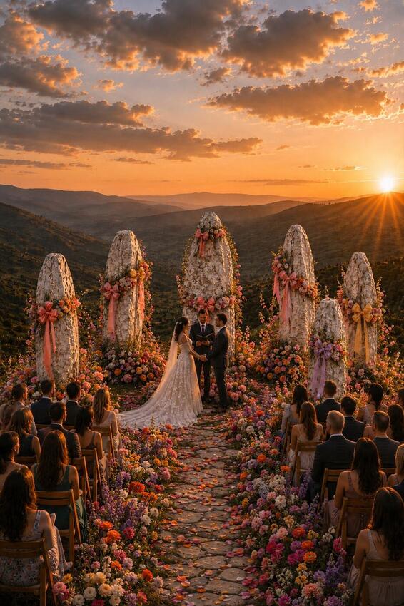 Wedding at the flower-draped standing stones of Momo's Grange at sunset