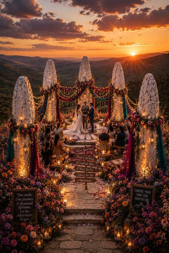 Standing-stone circle ceremony with floral garlands and guests at Momo's Grange