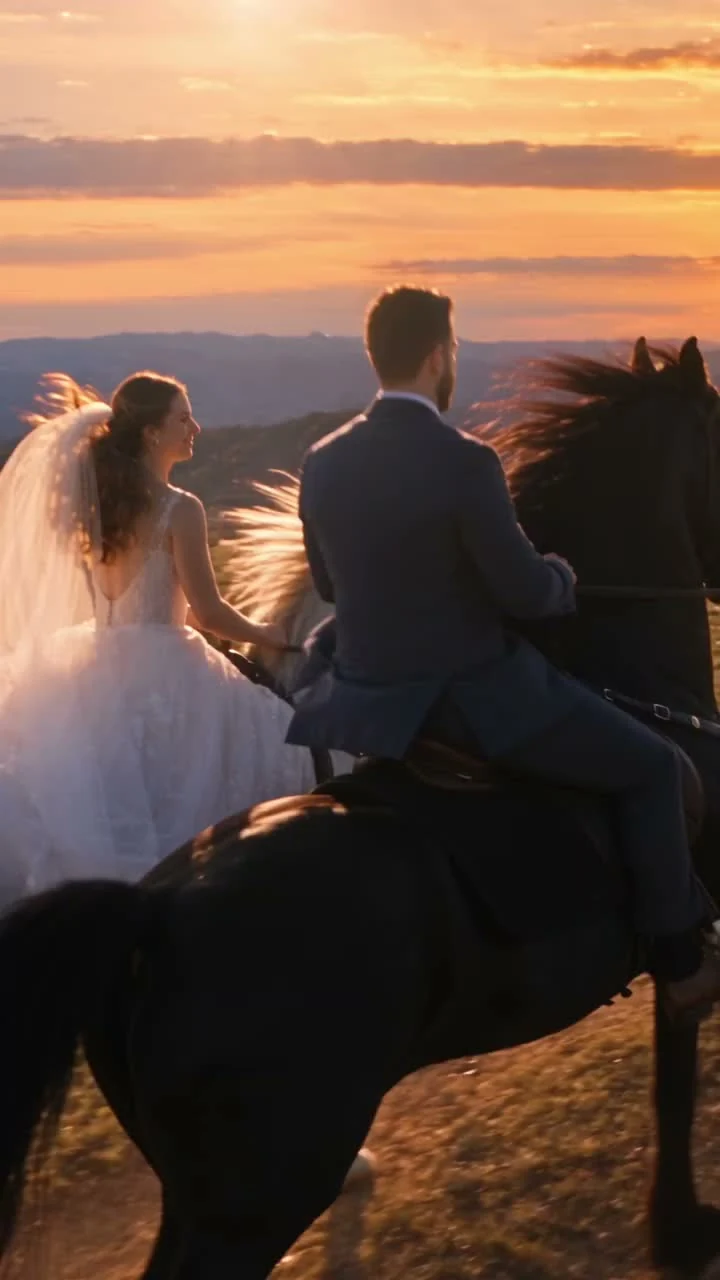Wedding inspiration with a couple riding horses at sunset
