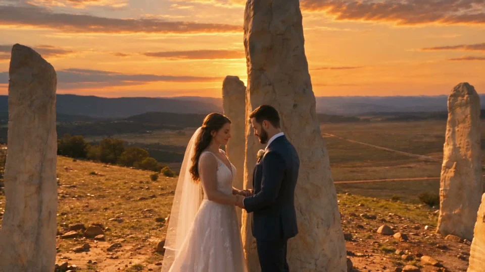 Wedding inspiration with a couple exchanging vows among the stones