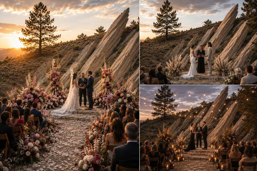 Collage of wedding moments at The Moonlight Altar at sunset