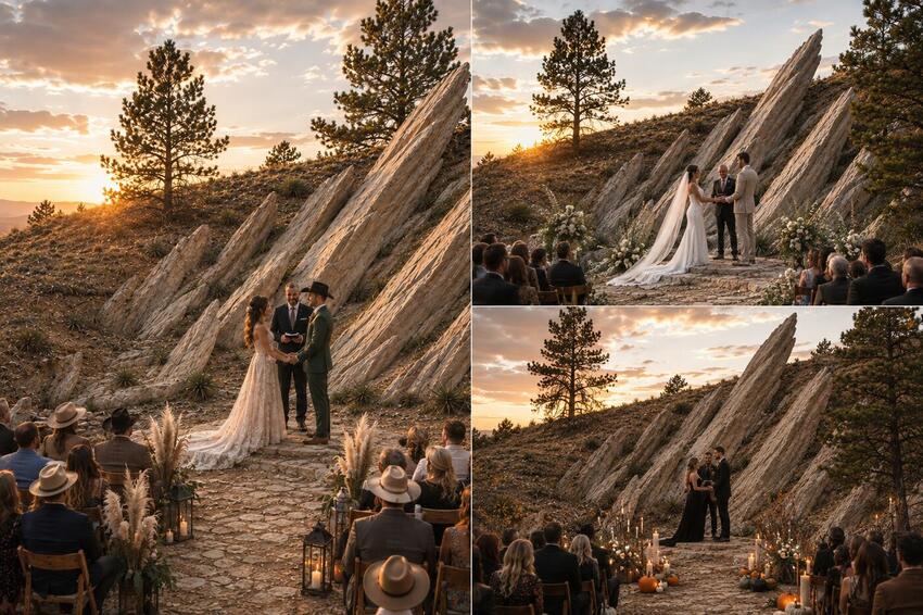Collage of a bride and ceremony at The Moonlight Altar