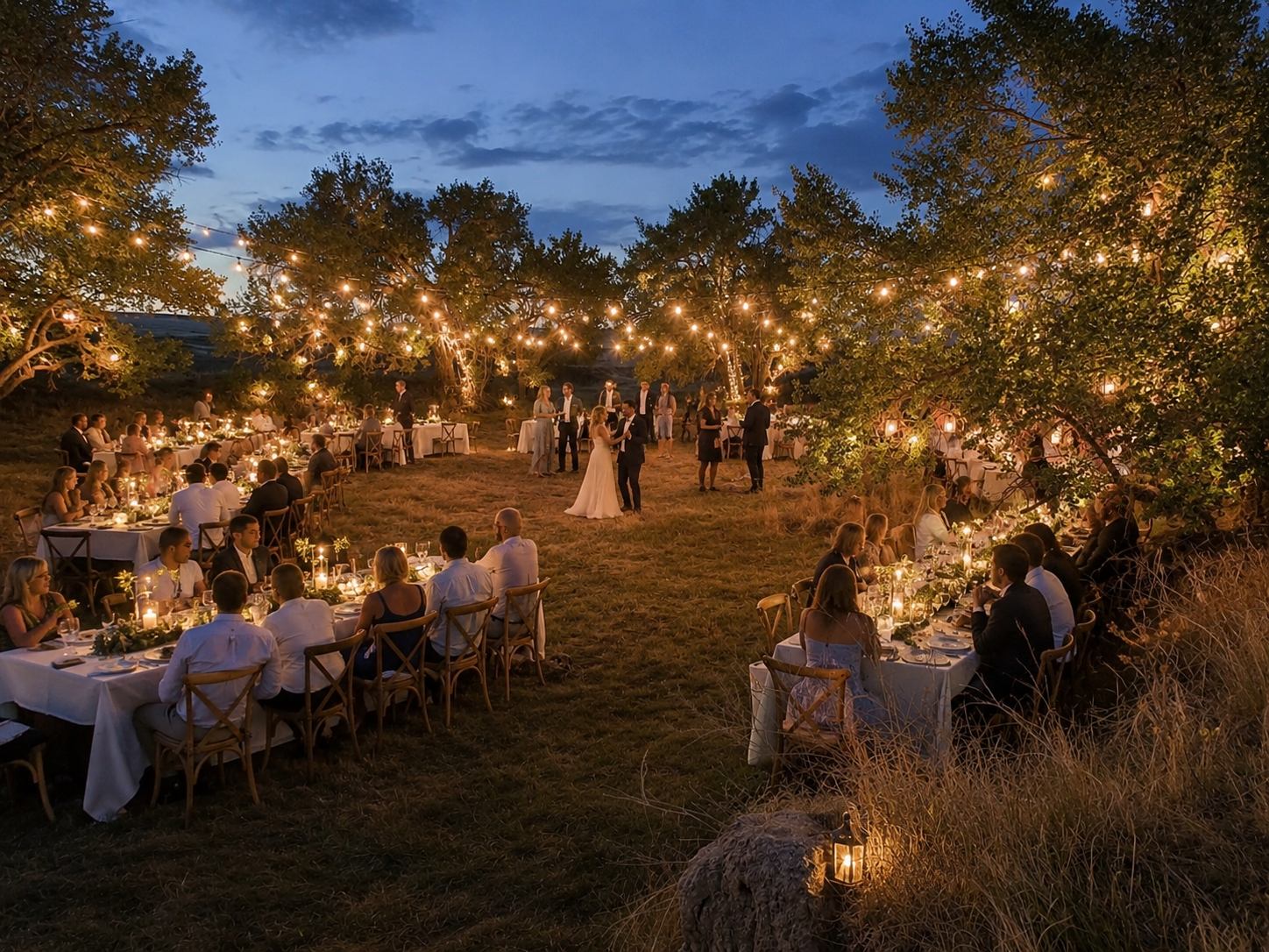 Guests dining under string lights at dusk as the couple shares a first dance